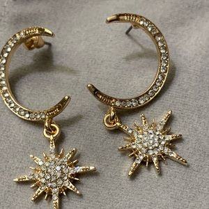 Pierced Gold Tone Moon and Stars Earrings
